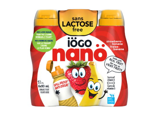 Yogurt, IOGO, Drinkable Yogurt, 1%, Lactose Free Strawberry Banana, 93ml - 24 bottles per case - CANADA